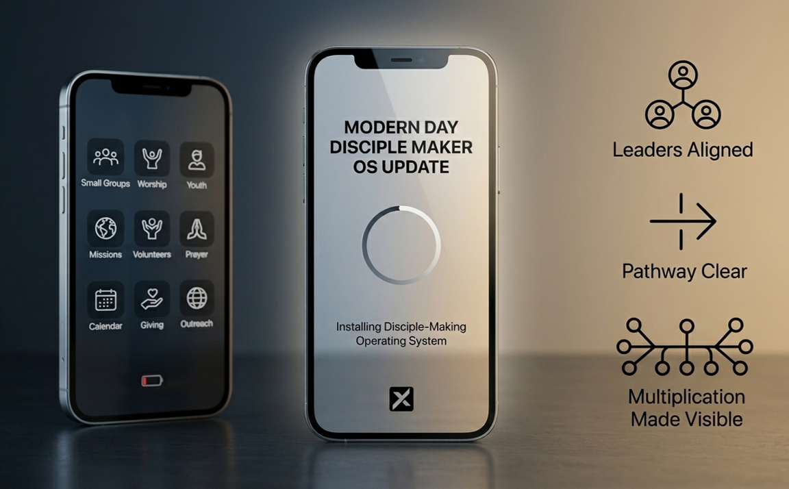 Two smartphones showing church apps and a Modern Day Disciple Maker OS update, with icons for leaders aligned, pathway clear, and multiplication made visible.